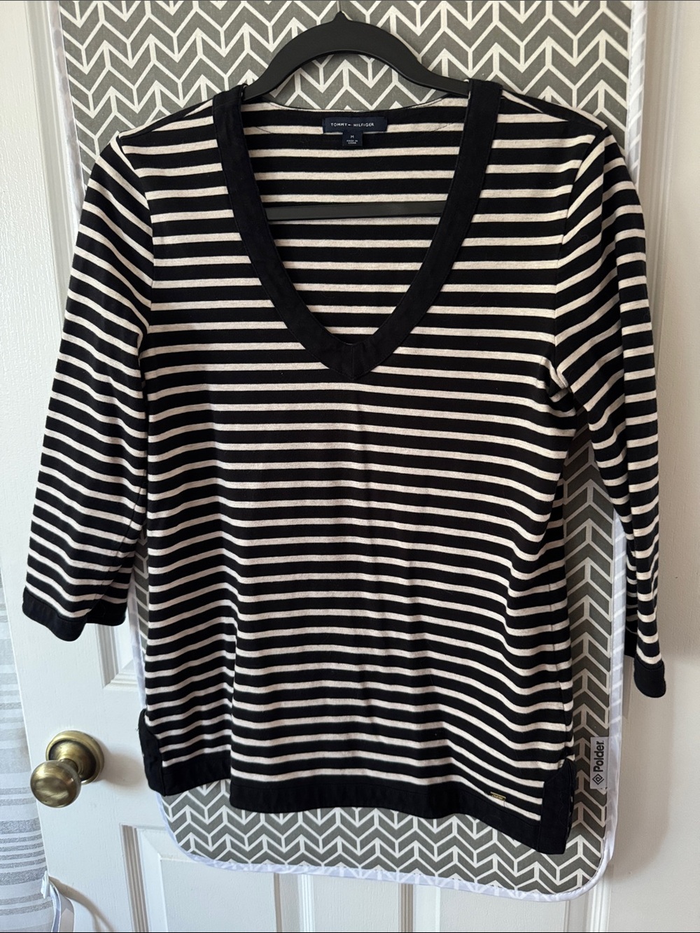 Tommy Hilfiger Black and White Striped V-Neck Top